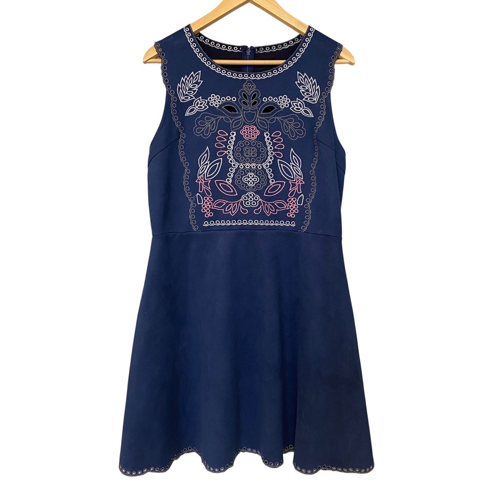 Navy Blue Embroidered Eyelet Scalloped Hem Sleeveless Fit & Flare Dress XXL